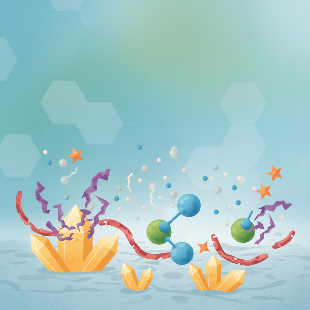 A detailed scientific illustration depicting the microscopic action of enzymes on cat urine components. In the foreground, stylized representations of uric acid crystals (jagged, yellowish structures), protein strands (wavy, reddish lines), and fat globules (round, green spheres) are scattered on a surface, signifying the stain. Various distinct, colorful enzyme shapes (e.g., jagged proteases, rounded lipases, star-shaped amylases) are actively latching onto and breaking down these components into much smaller, neutral-colored, inert molecules. The background is clean and slightly blurred, emphasizing the precise, molecular breakdown process. The overall style is clean, modern, and informative, like a detailed biological diagram.