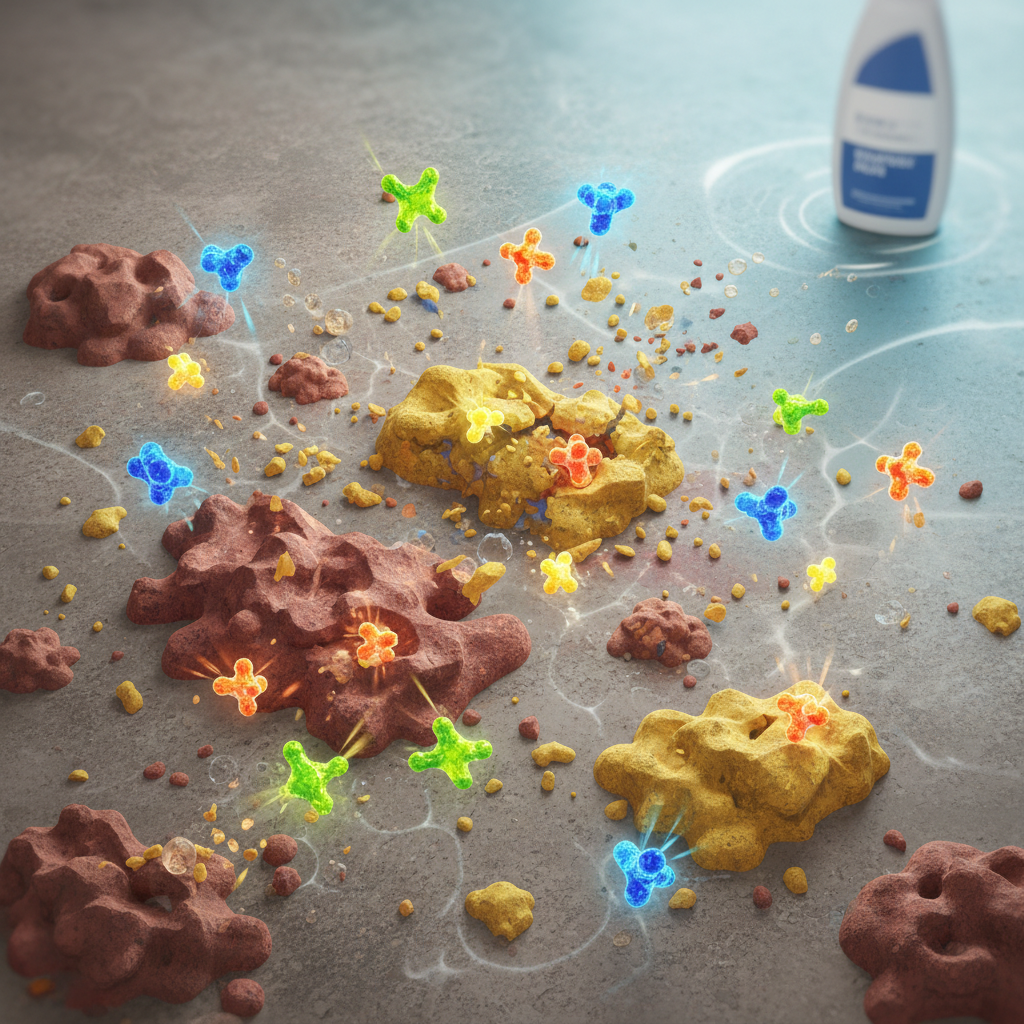 A stylized illustration depicting the microscopic action of enzymatic cleaners. On a textured surface, irregular, brownish organic dirt particles (representing grease, protein, starch) are being targeted by numerous small, dynamic enzyme molecules. These enzymes, depicted as vibrant, multi-lobed structures, are actively 'breaking down' the larger dirt chunks into smaller, lighter, water-soluble fragments. A generic, sleek bottle of enzymatic cleaner is partially visible in the background, subtly indicating the source. The overall feel is scientific yet visually engaging, emphasizing the gentle but effective breakdown process with bright, clean colors.