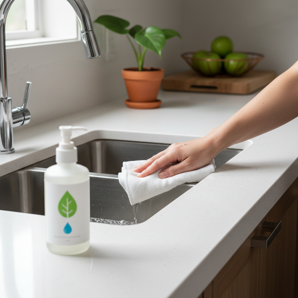A professional lifestyle photograph of a pristine, modern kitchen. A generic hand is gently wiping a sparkling, streak-free countertop or sink basin with a cloth, showcasing the clean result. In the foreground, a sleek, generic bottle of enzymatic cleaner, featuring a subtle green leaf or water droplet design, sits prominently. Soft, natural light illuminates the scene, enhancing the sense of freshness and cleanliness. A small, vibrant potted plant is visible in the soft-focus background, subtly emphasizing the eco-friendly and natural aspect of the product. The overall ambiance is calm and inviting.