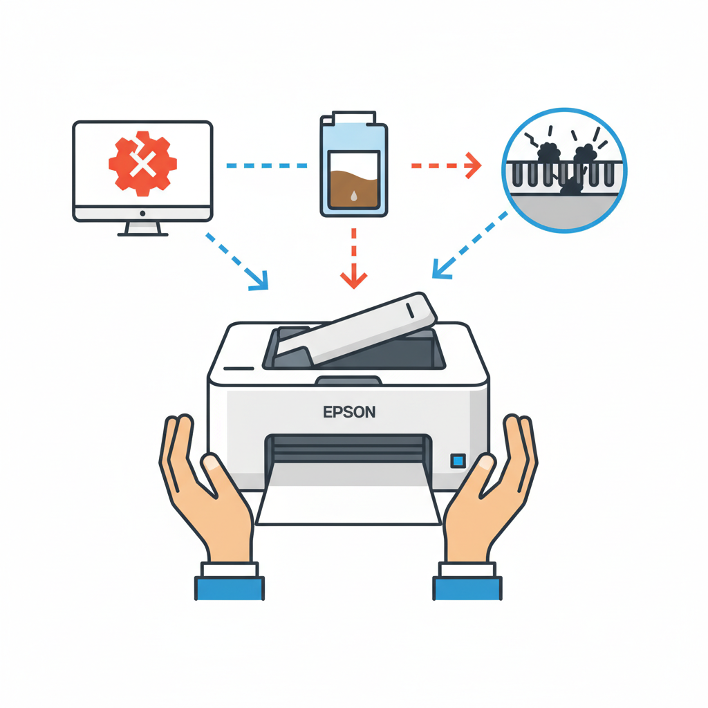 A vibrant, conceptual flat illustration depicting the common problems with an Epson printer not cleaning its printhead. In the foreground, a frustrated individual's hands are shown near a modern, sleek Epson printer. From the printer, subtle visual thought bubbles or abstract arrows lead to different problem icons: a computer monitor displaying a broken software icon, an almost empty ink cartridge, and a magnified, abstract representation of tiny, blocked nozzles on a printhead. The overall style is clean and informative, using a limited color palette suitable for a tech blog.