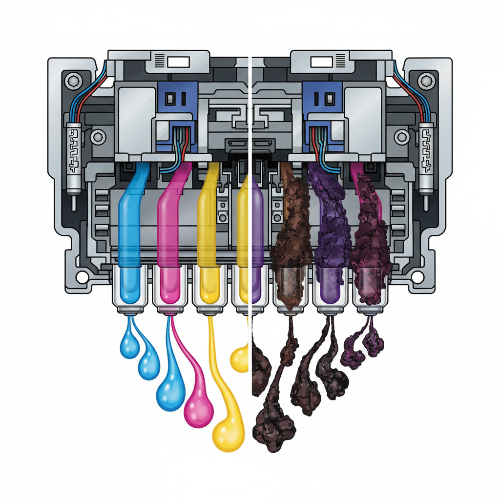 A highly detailed, cross-section technical illustration of an Epson printer's printhead mechanism. One side of the illustration clearly shows perfectly clear, open ink nozzles, with a smooth flow of abstract ink droplets. The other side contrasts sharply, depicting several nozzles severely blocked and clogged with abstract, dried ink residue, preventing the ink from flowing. The illustration should highlight the intricate micro-channels within the printhead, emphasizing the difference between functional and non-functional states. Use a clean, educational diagrammatic style with realistic rendering of the printer's internal components.