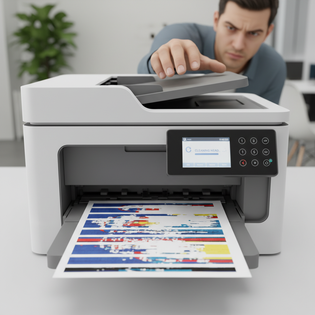 A close-up, professional photo of an office printer's output tray, prominently displaying a freshly printed document with severe, distinct horizontal streaks, faded areas, and missing color sections. The document looks clearly faulty due to a clogged print head. In the soft-focus background, a person's hand hovers with a subtle expression of frustration over the printer's digital display or buttons, suggesting repeated, failed cleaning attempts. The scene should convey the common problem of an ineffective automatic cleaning function. Clean, modern office setting. No text on the image.
