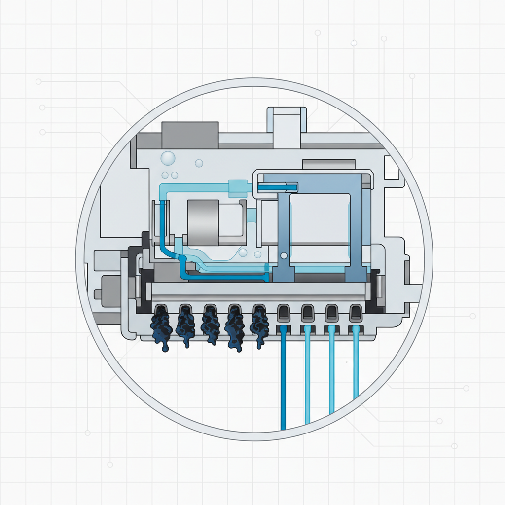 A detailed, cutaway technical illustration in an infographic style, focusing on the internal mechanisms of an Epson printer's print head. Show a magnified view of the print head nozzles, with several nozzles clearly depicted as clogged by solidified, dark ink particles, preventing ink flow. Adjacent nozzles should be shown as clear, with a visible, smooth ink flow. Subtly illustrate a few small air bubbles within the ink supply lines leading to the print head. Use a clean color palette to differentiate components and illustrate the blockage clearly. No text on the image.