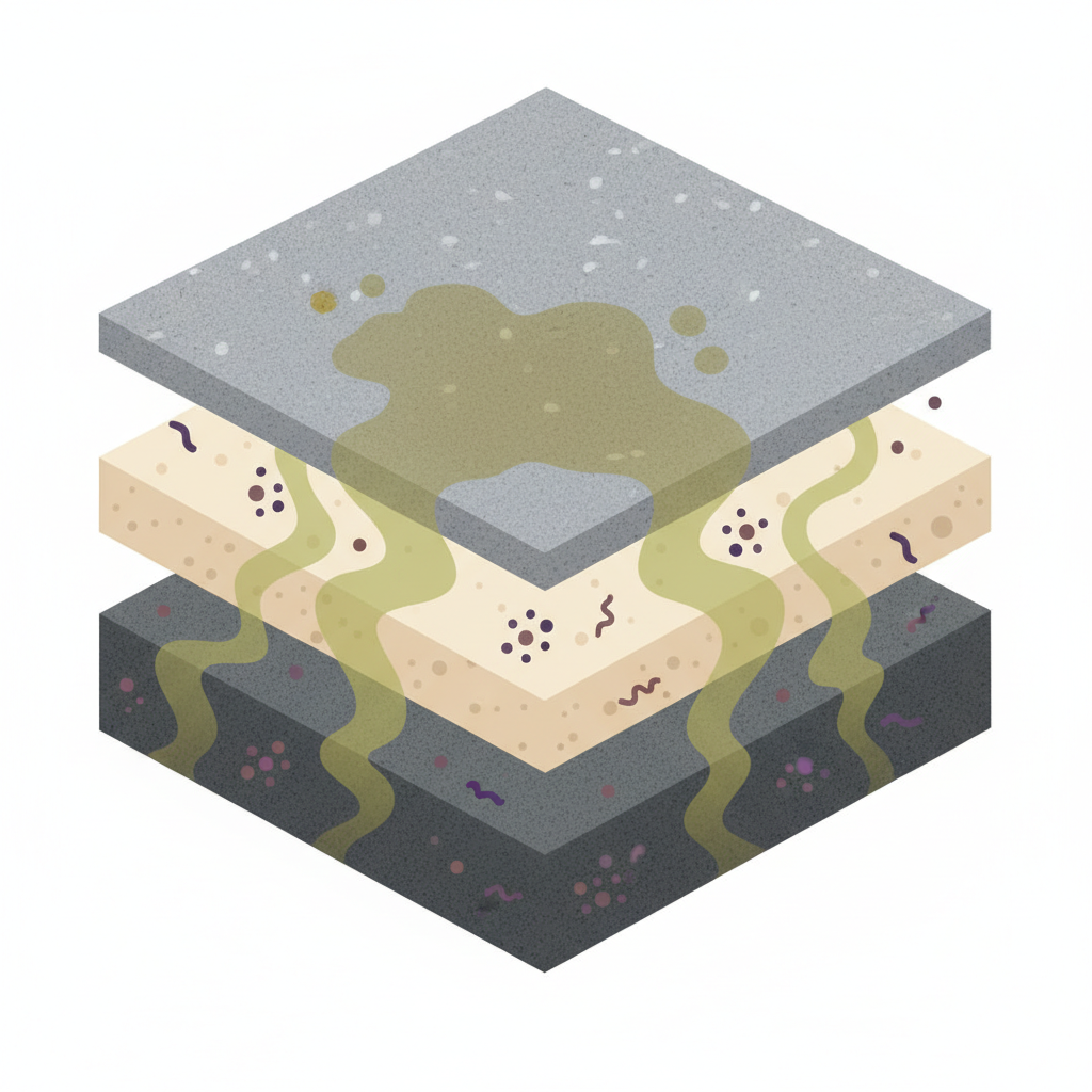 A clean, modern flat illustration depicting a cross-section of a car seat or car floor carpet. On the surface, there's a subtle, abstract representation of a problematic stain, perhaps a muted, splotchy shape. From this stain, subtle, wavy lines or diffused 'odor clouds' are emanating and penetrating downwards into the layers of the car's upholstery and padding. Small, abstract bacterial symbols (dots or simple shapes) are also shown spreading within these layers. The overall mood conveys unpleasantness and the detrimental effect of untreated biological material. The color palette should be muted but indicate the problem and its deep penetration.