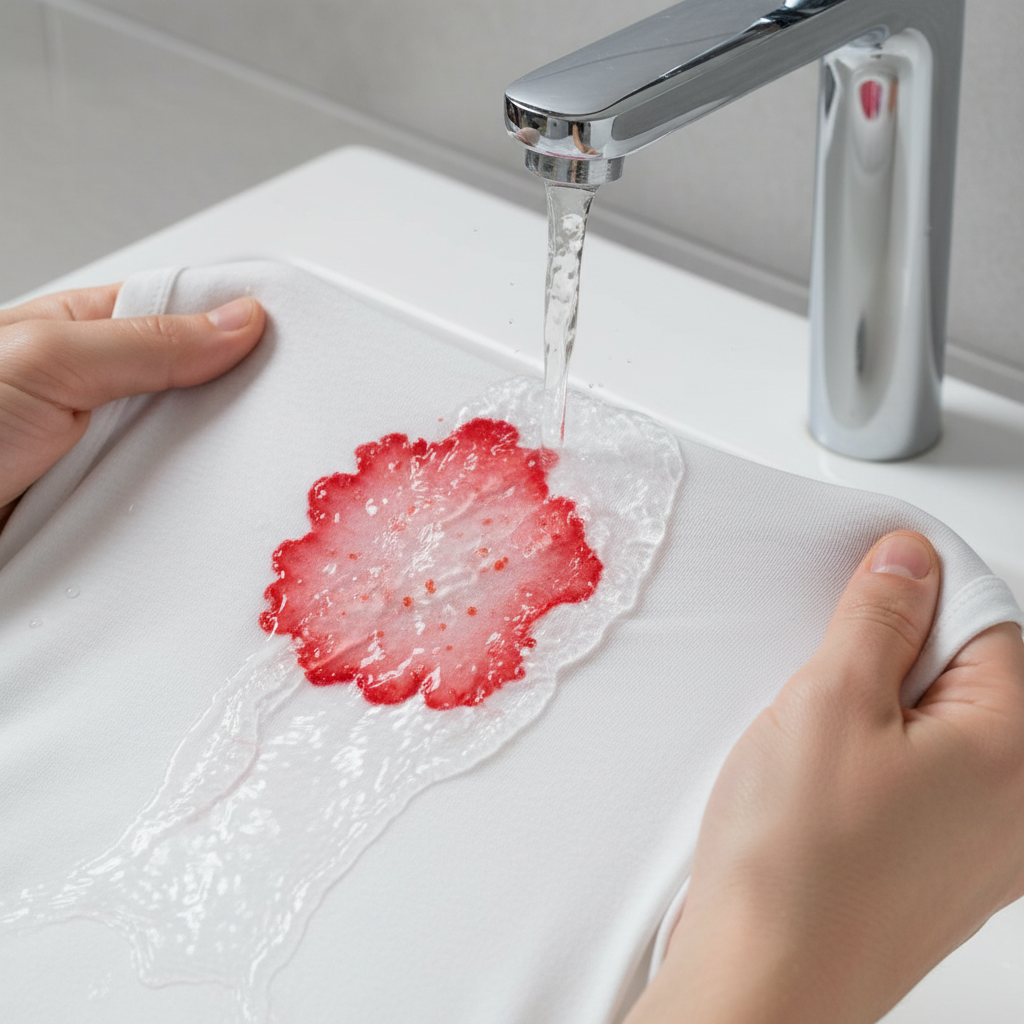 A close-up, high-angle professional photo shows a crisp white cotton t-shirt with a vivid, freshly spilled strawberry stain on its front. A gentle stream of cold water from a tap is directed onto the back of the stained area, with a pair of hands carefully holding the fabric under the flow, illustrating the immediate rinsing technique. The water appears clear and cool, contrasting with the vibrant red of the stain, emphasizing the urgency and effectiveness of cold water treatment. The background is softly blurred, focusing entirely on the hands, water, and stained fabric.