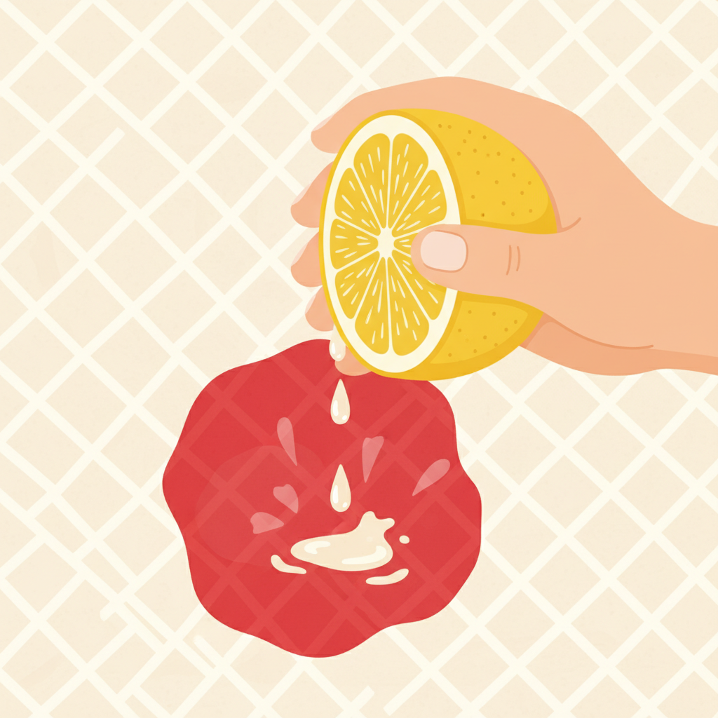 A vibrant, clean flat illustration depicts the application of a home remedy to a strawberry stain. On a light fabric texture, a distinct red strawberry stain is visible. A hand, gently holding a half-cut lemon, squeezes a few drops of fresh lemon juice directly onto the center of the stain. The lemon juice droplets are depicted as clear, slightly glistening liquid interacting with the red pigment, suggesting the breakdown of the stain. The overall aesthetic is bright, optimistic, and highlights the DIY solution in a clear, easy-to-understand visual manner.