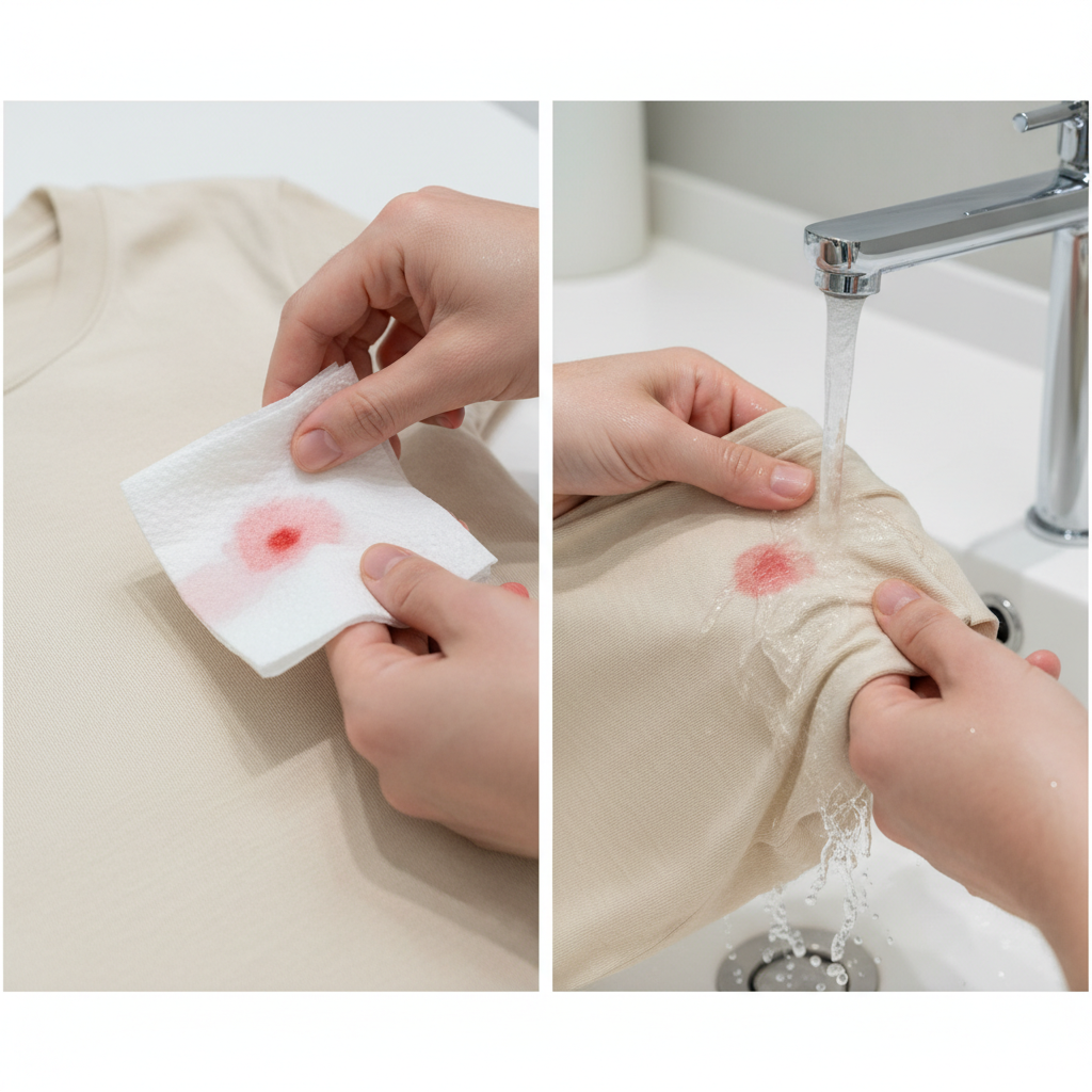 A vibrant, professional photo capturing the immediate steps of strawberry stain removal on a light-colored cotton shirt. Focus on a close-up of hands gently dabbing a fresh, small red strawberry stain with a folded white paper towel on a fabric surface. Following this, show the same stained area being held under a gentle stream of cold water, with droplets splashing lightly. The scene should convey urgency and gentle action, with clear lighting and a clean background, emphasizing the stain treatment process. The colors should be natural and appealing, highlighting the red stain against the fabric.