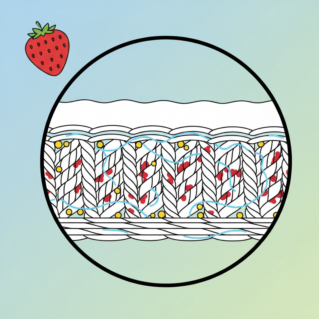 A detailed, clean flat illustration or infographic style image explaining why strawberry stains are tough. Depict a magnified cross-section of fabric fibers, perhaps white cotton, with bright red anthocyanin molecules (represented as small, irregular red shapes) deeply intertwined and bonded with the individual fibers. Integrate subtle, abstract representations of fruit acids helping these pigments penetrate the material. A stylized, ripe strawberry can be subtly placed in the background or corner to provide context. The overall impression should be scientific yet accessible, using crisp lines and a focus on the microscopic interaction.