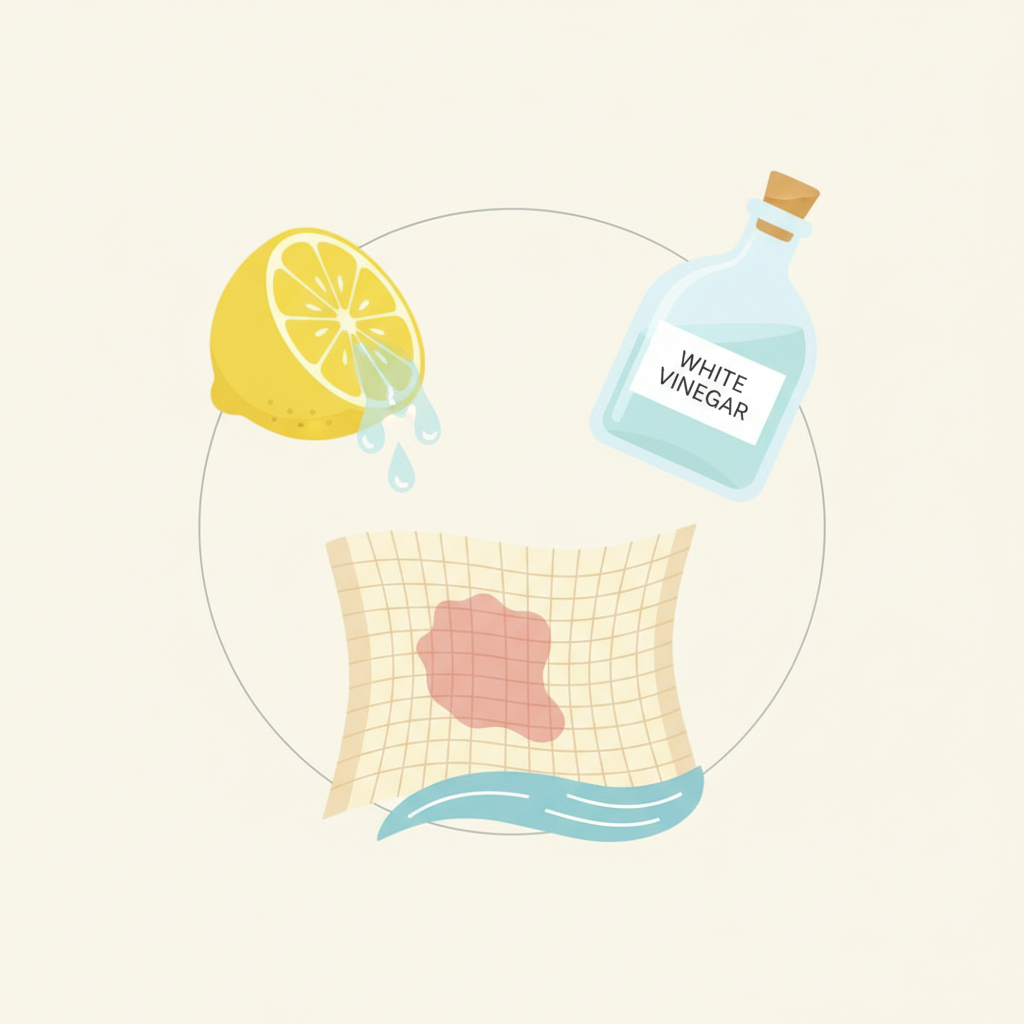 A clean, minimalist flat illustration showcases a collection of home remedies for stain removal. In the central foreground, a piece of light-colored fabric (e.g., linen or cotton) displays a noticeable, but slightly faded, strawberry stain. Surrounding this fabric, distinct graphic elements represent different solutions: a freshly cut lemon half with visible juice droplets, a clear glass bottle of white household vinegar, and a small, stylized stream of cold water. The composition is bright and uses soft, inviting colors, conveying helpful tips without depicting any human interaction.