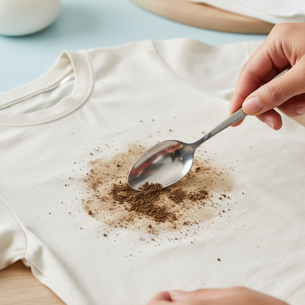 A professional, bright product photography style image with a shallow depth of depth of field. The main subject is a close-up of a crumpled, light-colored cotton fabric, like a white t-shirt or a child's pant leg, featuring a prominent, fresh, earthy brown dirt stain. In the foreground, a pair of diverse, clean hands gently uses the blunt edge of a clean, metallic spoon to carefully scrape away loose dirt particles from the fabric without pressing it deeper. The background is softly blurred, suggesting a clean, domestic environment, highlighting the contrast between the stubborn stain and the focused cleaning action.