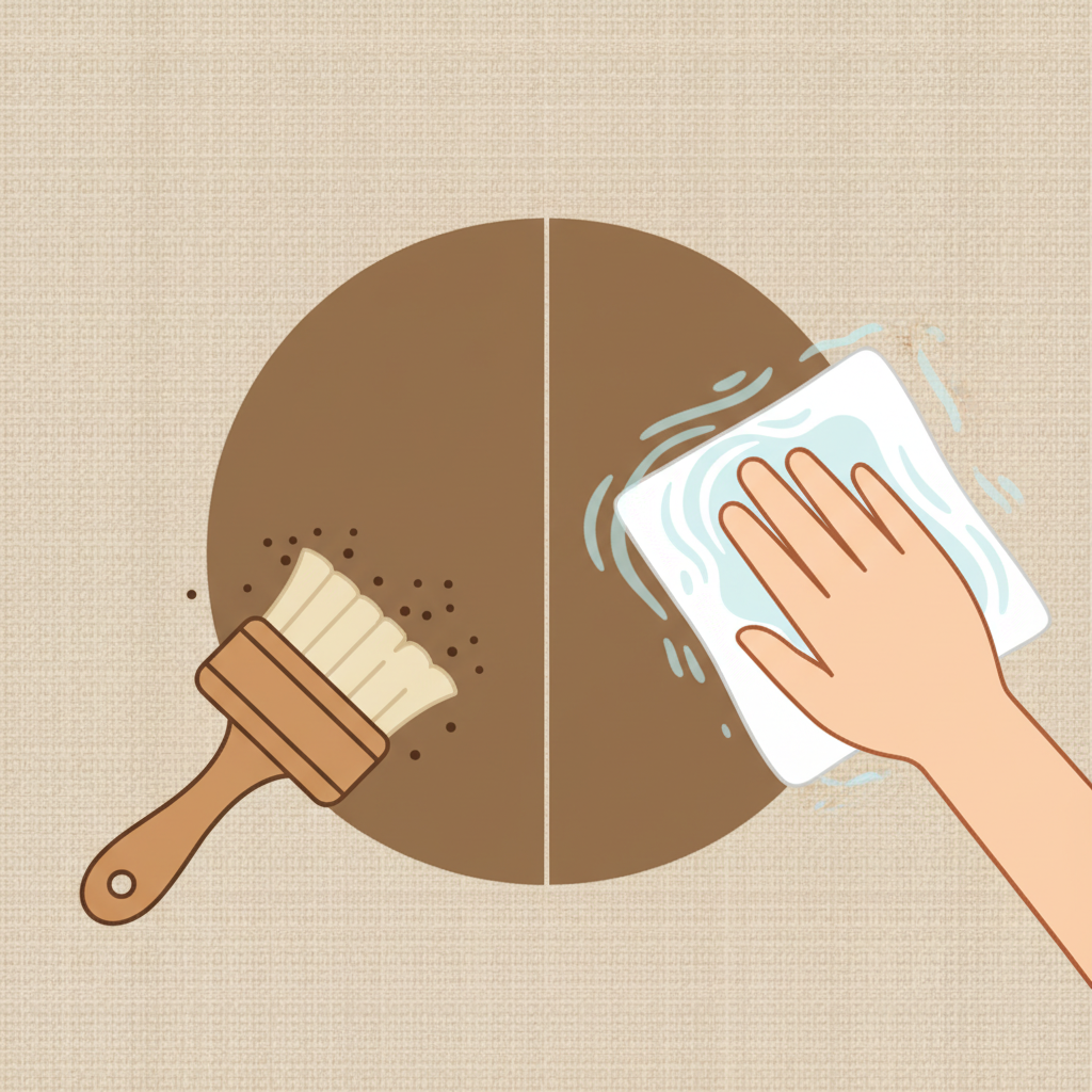 A clean, flat vector illustration with bright, clear colors and minimal shading, resembling an infographic. The central focus is a circular dirt stain on a textured beige fabric surface, like a carpet or upholstery. The stain is visually divided into two conceptual sections. In one section, a small, soft-bristled brush is gently pushing loose dirt particles away from the center of the stain towards its edge. In the adjacent section, a clean, damp white cloth, visibly saturated with cool, clear water (indicated by subtle ripples or a faint blue tint), is dabbing the outer rim of the stain, working inward. The overall composition should clearly illustrate careful stain removal techniques.