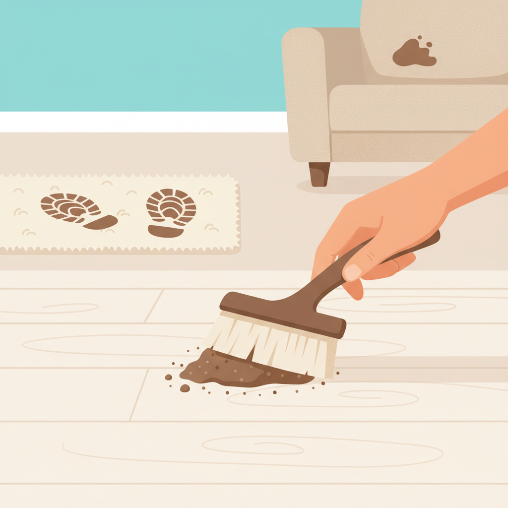 A vibrant flat illustration depicting multiple common scenarios of dirt stains. In the foreground, a gentle hand uses a soft brush to carefully sweep dry, loose soil from a section of a light-colored wooden floor. In the background, subtly blurred, are hints of other dirt-affected areas: a muddy footprint on a creamy carpet, and a small, earthy smudge on a textile surface like a couch cushion. The overall atmosphere is one of immediate action and resolution, emphasizing freshness and cleanliness after the removal, with a clean and bright aesthetic.