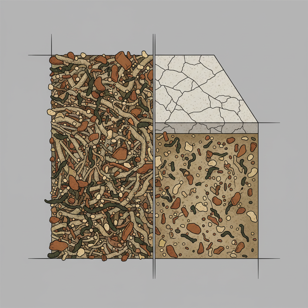 A detailed, cutaway diagrammatic illustration showcasing the microscopic interaction of dirt particles with different material surfaces. On one side, close-up fibers of a fabric (like carpet or clothing) are depicted with various fine earth particles – representing clay, sand, and organic matter – deeply embedded and entwined within their structure. On another side, a porous hard surface (like unglazed tile) shows dirt absorption into its tiny crevices. The image highlights the tenacious adhesion and varying compositions of soil that make stains difficult to remove, using subtle color variations to distinguish particle types in an infographic style.