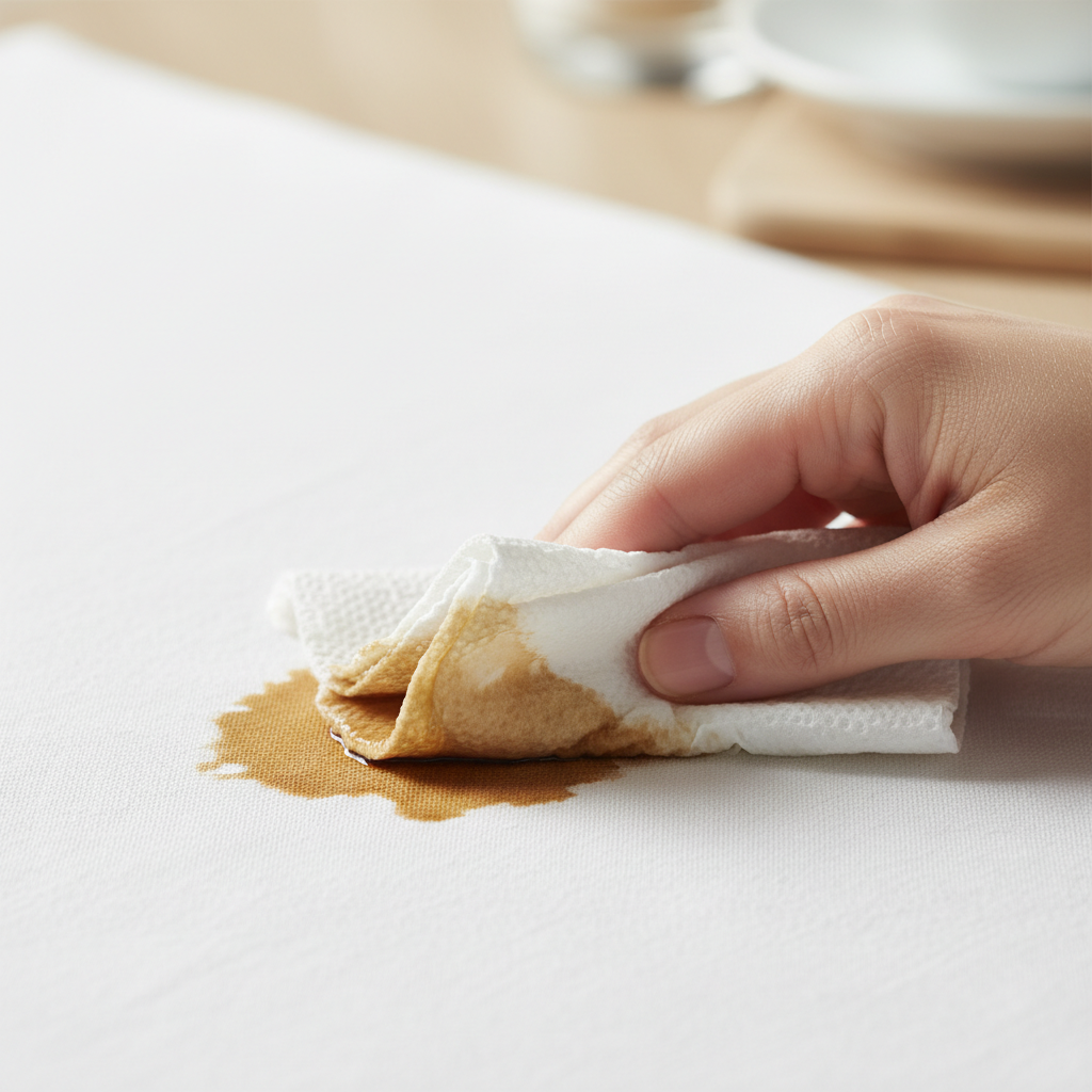 A professional photo, brightly lit, showing a close-up of a fresh espresso stain on a crisp white cotton shirt or tablecloth. A person's hand, holding a clean, absorbent paper towel, gently dabs the dark brown stain, with the liquid visibly wicking into the towel. The background is softly blurred, emphasizing the detailed texture of the fabric and the contrast between the deep coffee stain and the pristine white material. The scene conveys urgency and careful immediate action.