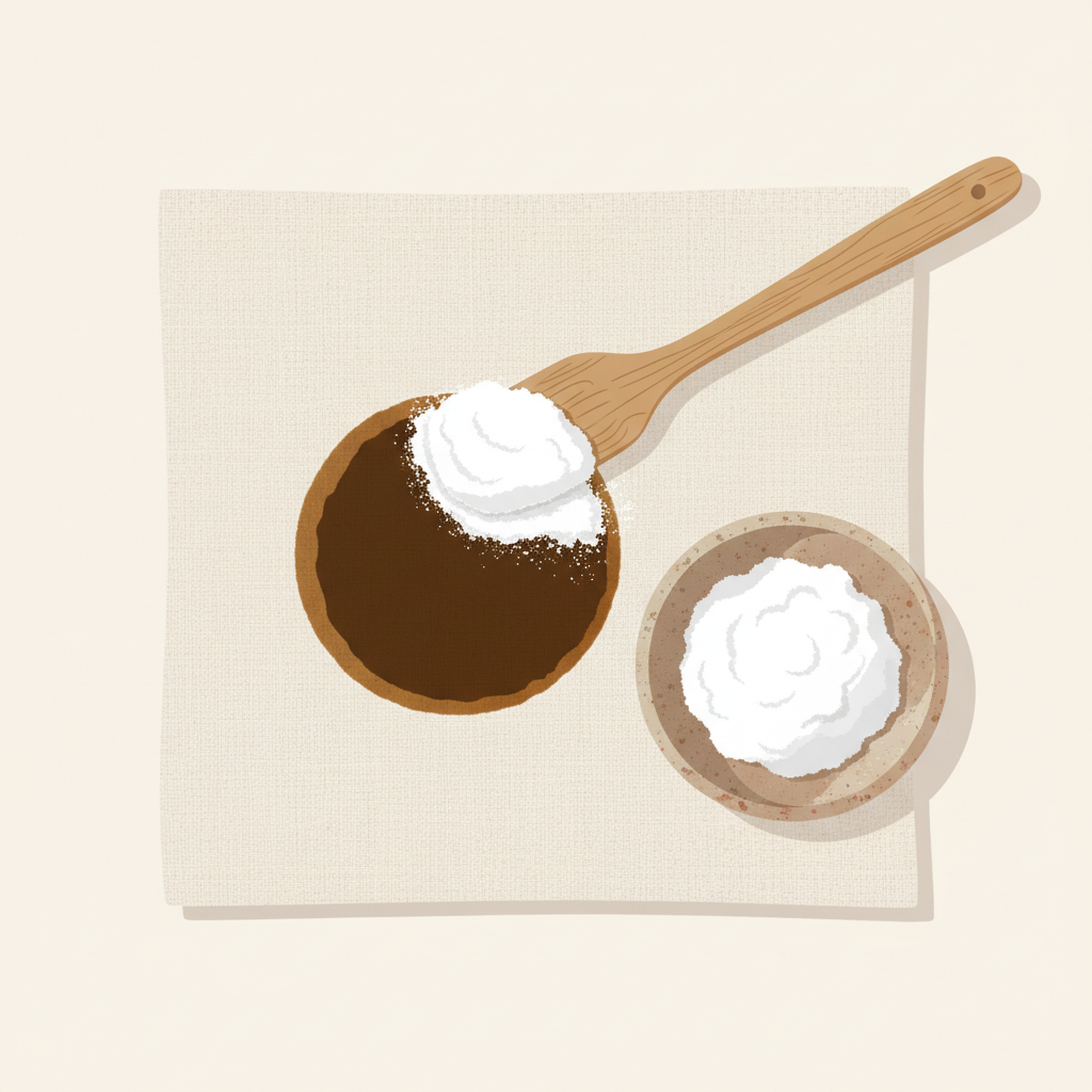 A clean, flat illustration in a modern style, depicting a section of light-colored fabric with a visible espresso stain. Next to the stain, a small, simple bowl holds a white baking soda paste, and a delicate utensil (like a small wooden spatula or finger) applies a dollop of this paste directly onto the coffee stain. The illustration uses a limited, inviting color palette, clearly showing the contrast between the dark stain and the white paste, symbolizing a common home remedy. The focus is purely on the visual process of application.