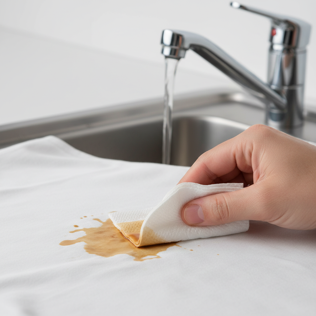 A close-up, high-quality photograph showcasing the immediate treatment of a fresh espresso stain on a light-colored textile, such as a white cotton shirt. A hand gently dabs the wet coffee spill with a clean, white paper towel, carefully absorbing the liquid without spreading it. In the background, slightly out of focus, a sink faucet runs cold water, suggesting the next crucial step of rinsing. The scene emphasizes urgency, cleanliness, and delicate action. Professional photo, clean, bright lighting.