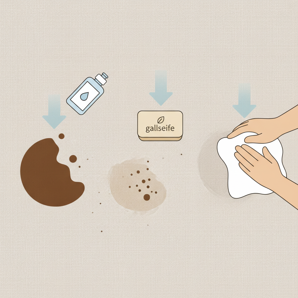 A clear, clean flat illustration depicting the progressive stages of removing an espresso stain from a fabric surface. The illustration features a stylized brown coffee stain on a neutral-colored textile. Adjacent to the stain, various cleaning elements are arranged: a small, generic bottle of liquid detergent, a bar of gallseife, and a soft, clean cloth. Subtle, translucent arrows could indicate the action of applying these agents to lift the stain, showcasing the process. The overall aesthetic is minimalist and informative, suitable for a DIY guide. Flat illustration style, clean lines, muted color palette.