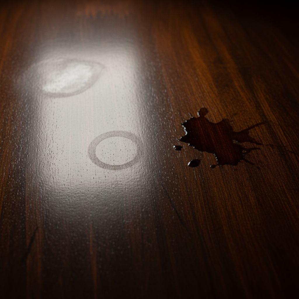 A professional studio photo capturing a close-up of a rich, dark wooden surface, possibly a tabletop or floorboard. The surface displays several distinct types of vinegar damage: a prominent, lighter, dull ring mark; a darker, slightly raised blotch; and a subtle, hazy patch where the wood's natural sheen is visibly compromised. The lighting should highlight the texture and damage, emphasizing the contrast between the affected areas and the pristine wood around them. The composition should clearly convey the visual impact of the stains.