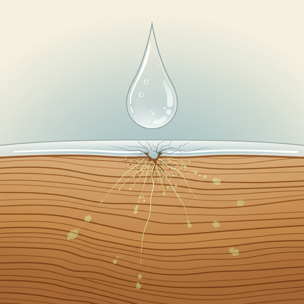 A clean, educational infographic-style illustration depicting a magnified cross-section of a wooden surface. The illustration clearly shows an intact protective top layer (e.g., lacquer or oil finish) over a detailed wood grain layer. From above, a stylized, dynamic drop of liquid, representing acid, is shown actively making contact with the protective layer. The point of contact should visually represent the protective layer being compromised – perhaps a subtle crack, erosion, or a change in texture – with faint lines or abstract particles extending into the wood layer beneath, indicating penetration.