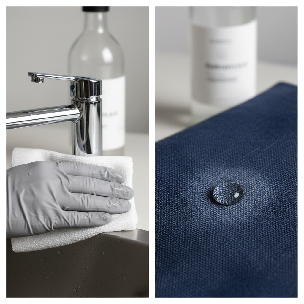 A clean, professional photo featuring a split composition. On the left, a hand, wearing a protective glove, gently wipes down a sparkling chrome faucet with a cloth, suggesting successful cleaning with vinegar. The surface gleams. On the right, a translucent drop of vinegar has just fallen onto a section of a dark blue, textured fabric, creating a visible, slightly lighter discoloration or a wet mark where it hit. In the background, a minimalist bottle of household vinegar is subtly visible, connecting both sides of the scene. The image highlights the dual nature of vinegar as both a cleaner and a potential stain source on delicate materials.