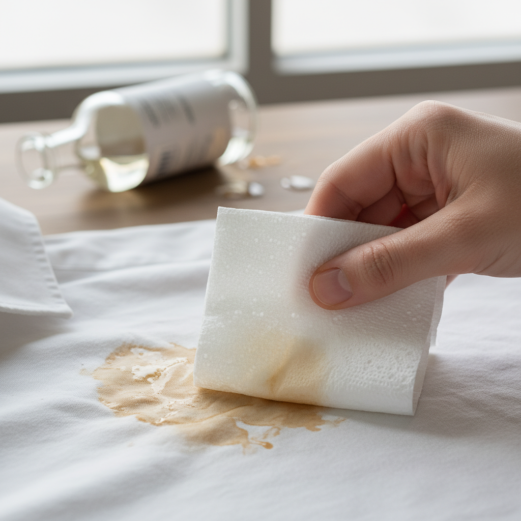 A bright, professional close-up photograph showcasing the immediate action for a fresh stain. A hand gently dabs a visible, spilled vinegar stain on a piece of light-colored fabric, such as a white cotton shirt or a linen tablecloth. A pristine white cloth or paper towel is absorbing the liquid, subtly showing the stain lifting. In the soft-focus background, an overturned vinegar bottle hints at the origin of the stain. The lighting is clean and natural, emphasizing the texture of the fabric and the effectiveness of the blotting action.