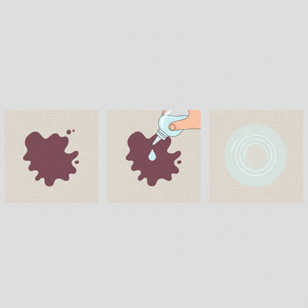 A modern, clean flat illustration in a three-panel sequence. The first panel depicts a distinct, dark vinegar stain on a light fabric surface. The second panel shows a hand carefully applying a small amount of clear liquid detergent directly onto the stain. The third panel displays the same fabric area, now visibly clean and free of the stain, with a faint glow or clean ripple effect indicating its successful removal. The background for each panel is a consistent, neutral color, maintaining a focused and informative aesthetic.