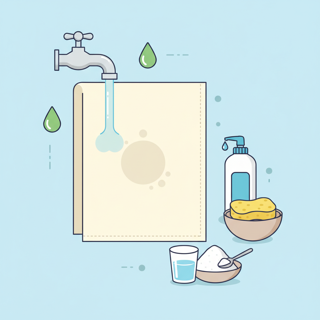 A bright, informative flat illustration depicting the process of removing a vinegar stain from fabric. The central focus is a section of a light-colored textile, like a cotton shirt or a linen napkin, with a faint, circular vinegar stain. Around it, several elements are arranged to show remedies: a gentle stream of cold water flowing from a faucet onto a small part of the fabric, a bottle of mild liquid soap next to a small bowl with a sponge, and a small pile of white powder (baking soda) with a tiny amount of water being mixed into a paste. The style is clean, modern, and focuses on the practical steps for stain removal.