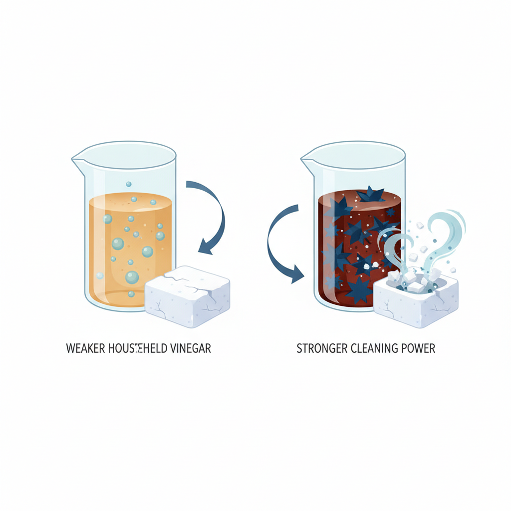 An infographic-style illustration contrasting the concentration of regular household vinegar with Essigessenz. Two transparent beakers or bottles are shown side-by-side. One contains a lighter, less dense liquid with fewer, smaller 'active ingredient' particles, representing lower concentration. The other contains a darker, denser liquid with many more and larger, more potent 'active ingredient' particles or molecules visually packed together, implying higher power. A stylized graphic of mineral deposits or limescale dissolving could be subtly linked to the more concentrated liquid, emphasizing its efficacy.