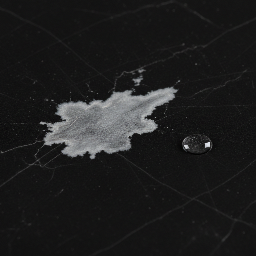 A close-up shot of a dark, polished marble tile. A distinct, milky white, dull acid stain from vinegar is prominently visible on its glossy surface, showing a clear area of etching and reduced sheen. A single, clear droplet of liquid is subtly positioned nearby, suggesting the cause. The image should highlight the contrast between the damaged area and the original smooth, reflective tile, emphasizing the textural alteration. Professional studio photograph with sharp focus and subtle lighting to enhance the surface details.