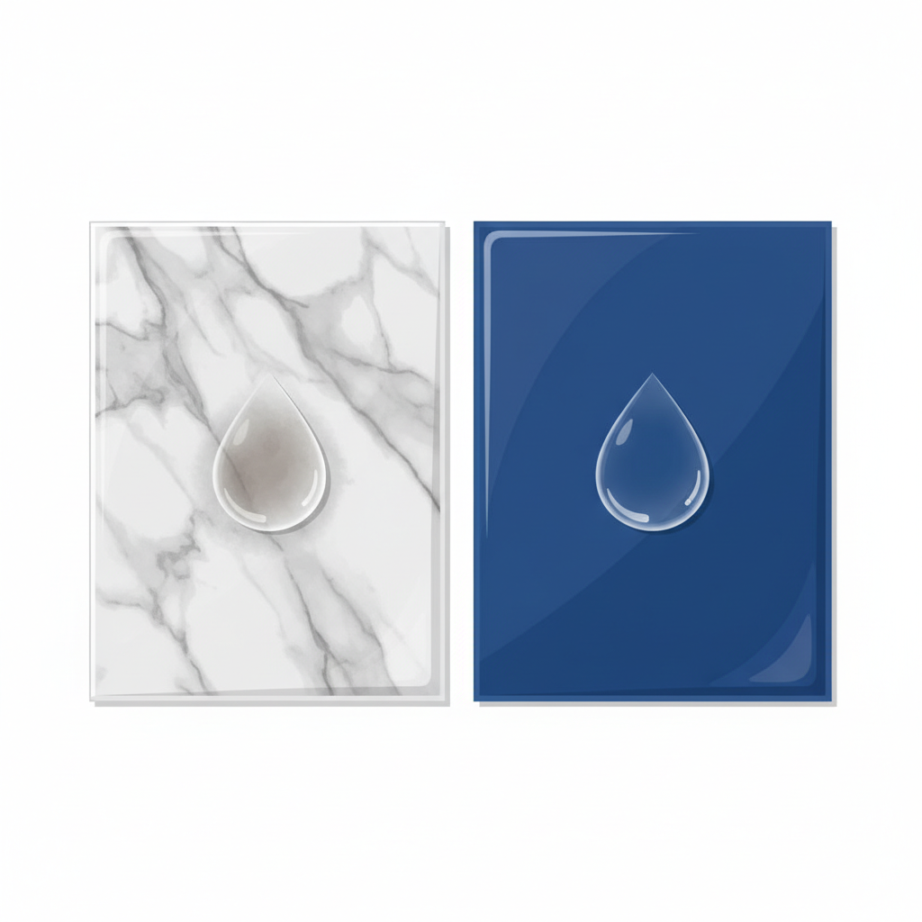 A clear, side-by-side comparative flat illustration showing two distinct tile sections on a clean surface. On the left, a natural stone tile (e.g., marble texture) shows a visibly dull, etched patch where a clear liquid droplet has landed, implying acid damage. On the right, a glossy, glazed ceramic tile has an identical clear liquid droplet on its surface, but the tile remains perfectly shiny and unaffected. The illustration should visually communicate the different reactions of tile materials to acid, highlighting the contrast in durability.