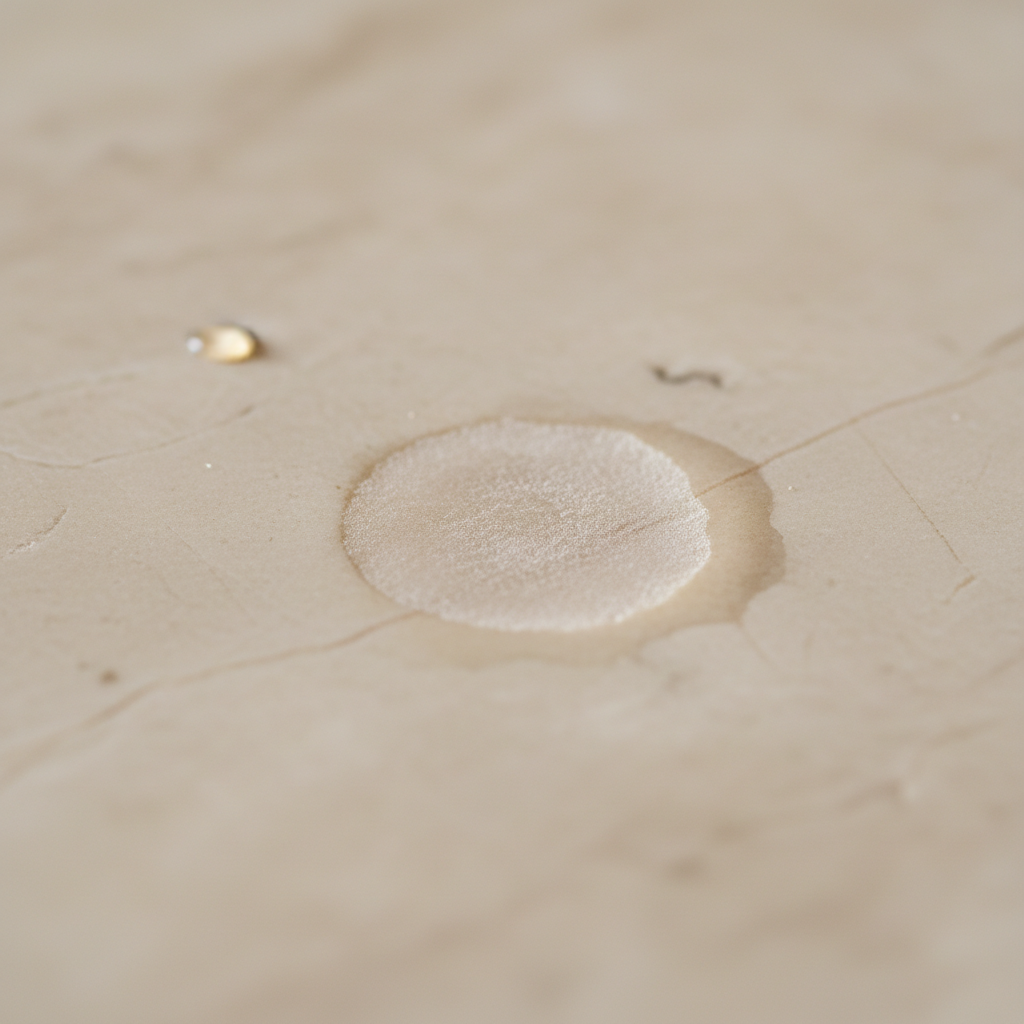 A professional macro photo capturing the moment a clear liquid, representing vinegar, creates a dull, etched stain on a luxurious natural stone tile, possibly marble or travertine. The tile surface should show a clear contrast between the polished, undisturbed area and the slightly roughened, lighter patch where the liquid has reacted. The scene emphasizes the corrosive effect of acid on delicate surfaces, with subtle reflections on the intact tile highlighting the damage. The lighting should be soft but focused, drawing attention to the interaction on the tile's surface.