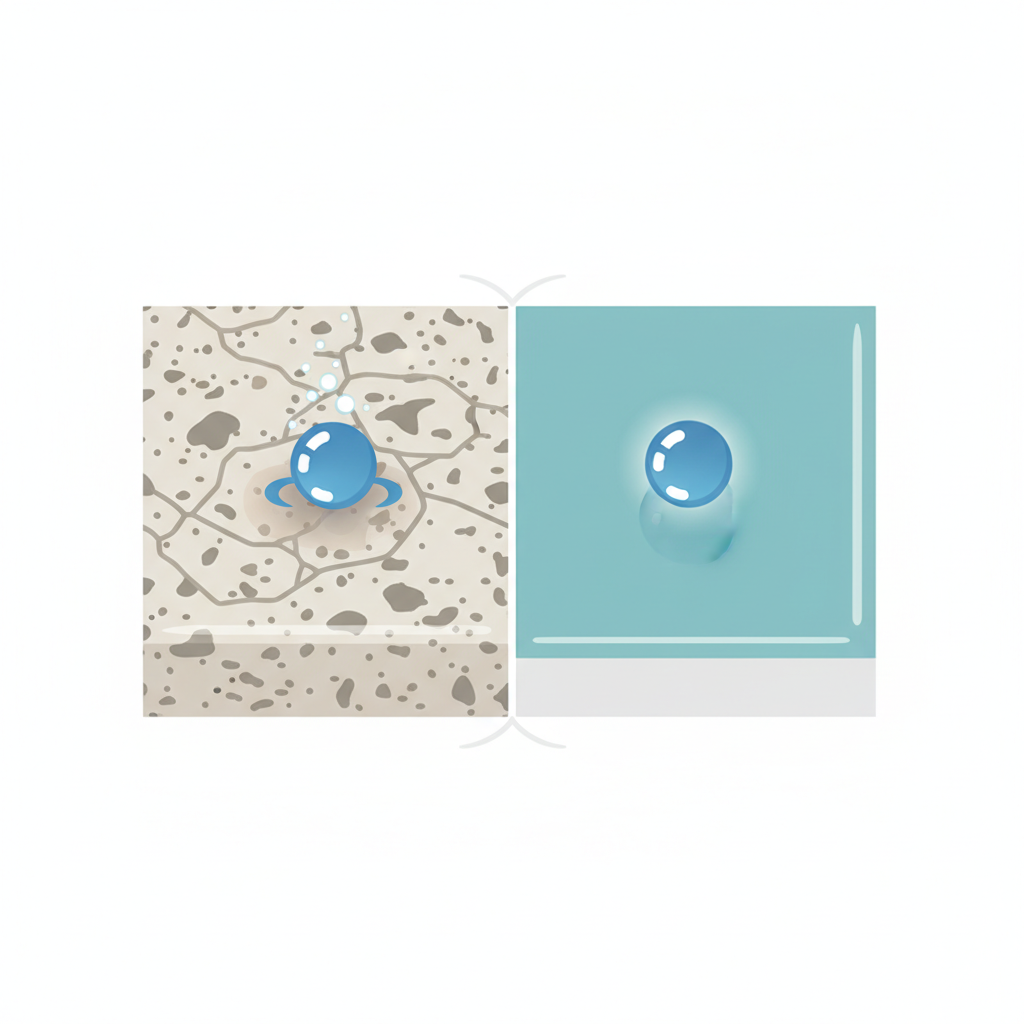 A clear, conceptual flat illustration depicting a cross-section of a porous tile (e.g., natural stone like marble) on one side, and a non-porous glazed ceramic tile on the other. A stylized, small drop of liquid (representing vinegar/acid) is shown actively interacting with the porous tile, perhaps showing tiny bubbles or a subtle erosion effect at the microscopic level, causing a 'dull spot' or discoloration. In contrast, the same liquid drop is shown simply resting on the surface of the glazed tile, without any visible damaging interaction. The illustration should visually highlight the fundamental difference in material vulnerability.