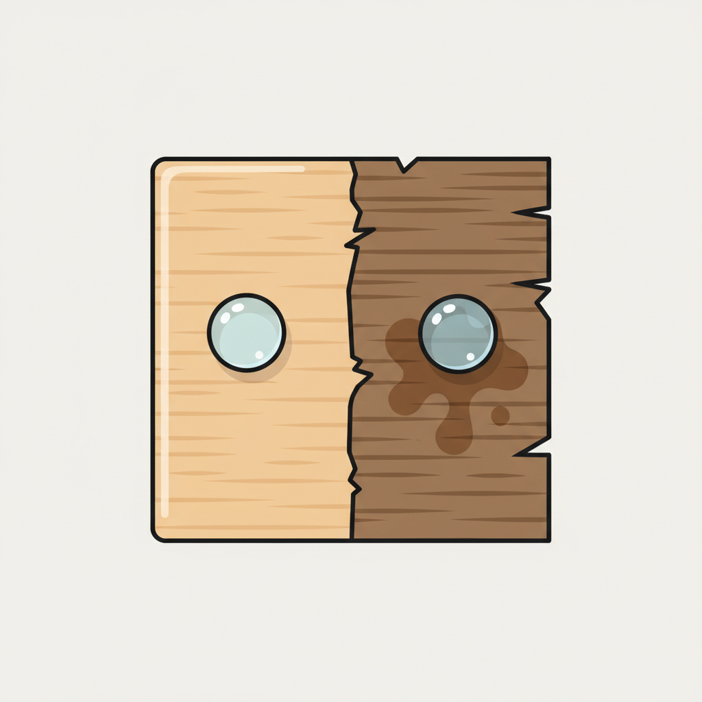 A clear, modern flat illustration depicting a conceptual cross-section of two distinct wooden surfaces. On the left, a well-sealed or treated wooden surface is shown, with a drop of clear liquid (representing vinegar) resting harmlessly on top, perhaps slightly beaded. On the right, an untreated or damaged wooden surface is shown, with an identical drop of liquid visibly penetrating the wood fibers, creating a subtle, dark discoloration or 'stain' underneath the surface. The illustration should visually contrast the protective barrier versus direct absorption.