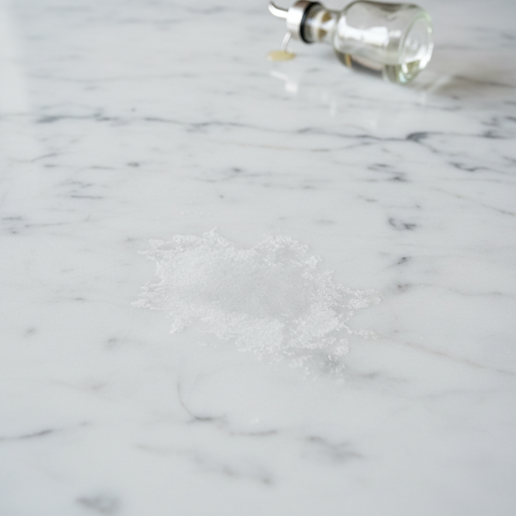 A high-resolution, professional photo capturing a close-up of a luxurious white marble kitchen countertop. A distinct, irregular patch of matte, dull damage is visible where vinegar has etched the polished surface. The surrounding marble remains highly reflective and shiny, creating a strong visual contrast with the damaged area. A small, elegant glass bottle, suggesting vinegar, lies tipped over slightly in the background, out of focus but hinting at the cause. The lighting should emphasize the texture difference between the etched and unblemished marble, conveying the problem effectively.