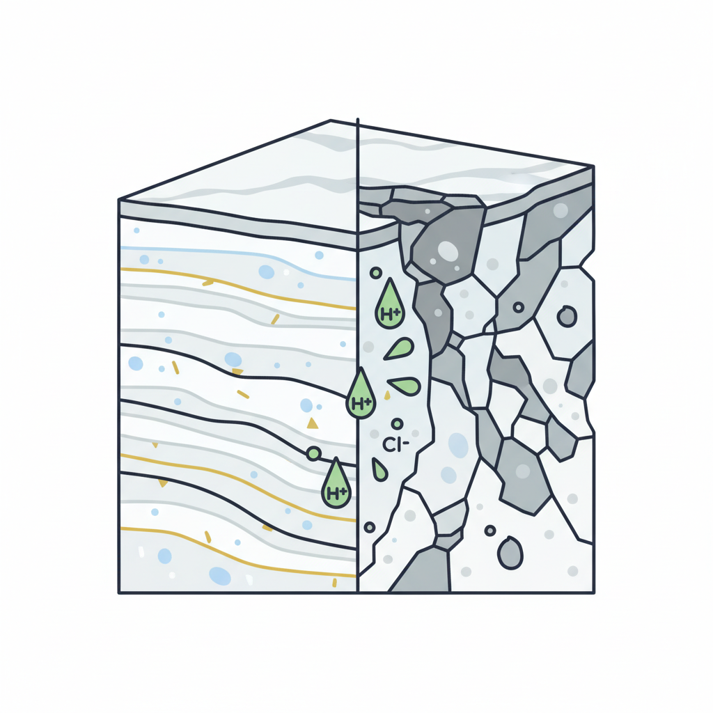 A clean, scientific flat illustration depicting a conceptual cross-section of a marble surface being affected by acid. On one side, show a smooth, intact crystalline structure representing polished calcium carbonate. Progressing across the image, introduce small, stylized acid molecules (e.g., green drops or simplified chemical symbols) actively interacting with and dissolving the marble structure. The affected area should appear visibly rough, pitted, and broken down compared to the pristine side. Use a crisp, infographic style with a clear distinction between the untouched and etched marble layers to visualize the chemical reaction.