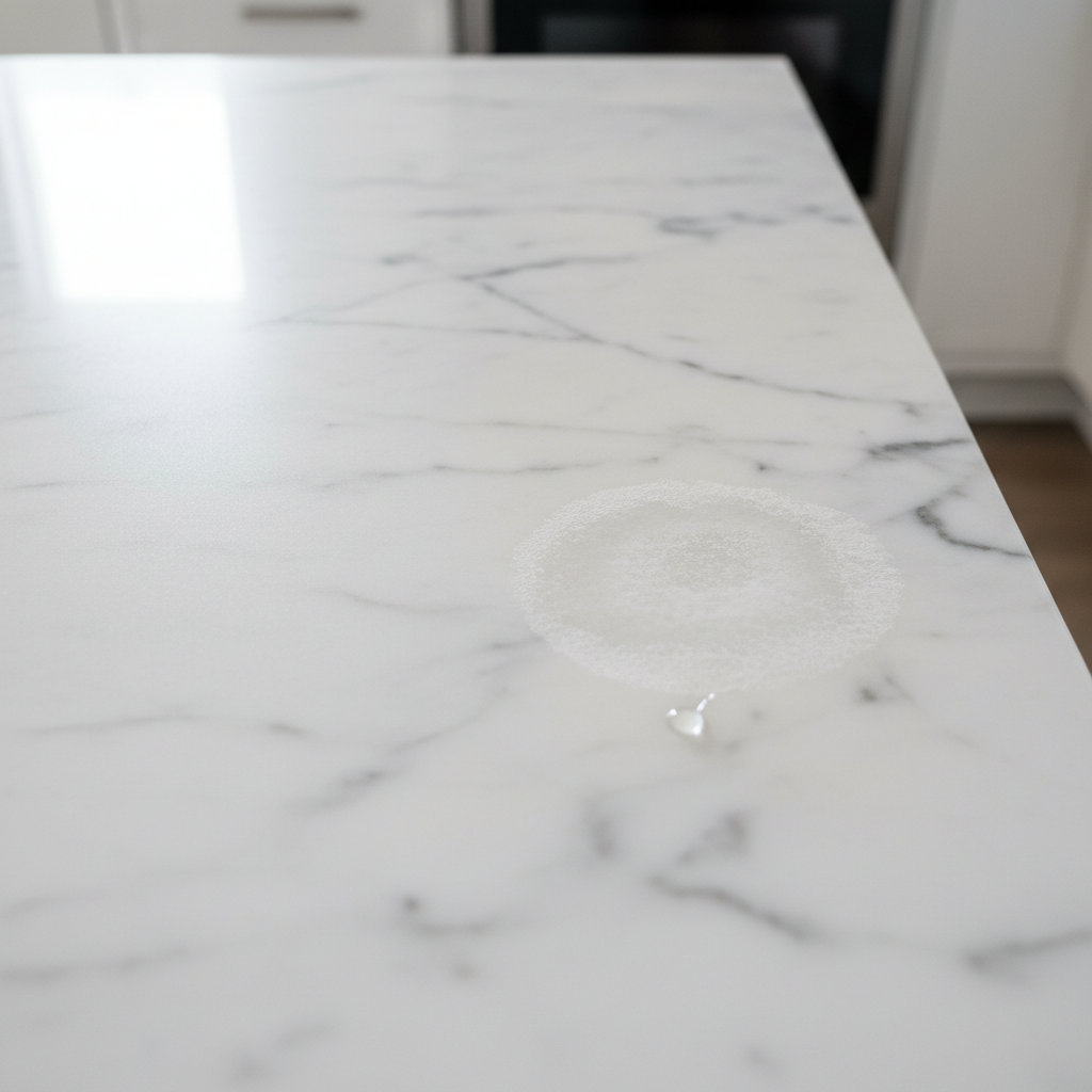 A close-up, high-angle professional photograph of a luxurious white marble countertop. One section of the marble is pristine and shiny, reflecting light beautifully. Adjacent to it, a distinct dull, lighter, and slightly textured stain is visible, representing an acid etching from vinegar. A small, clear droplet or splash of a liquid, subtly hinting at vinegar, rests at the edge of the etched area, symbolizing the cause of the damage. The contrast between the polished and etched surface should be very clear, highlighting the marble's vulnerability.