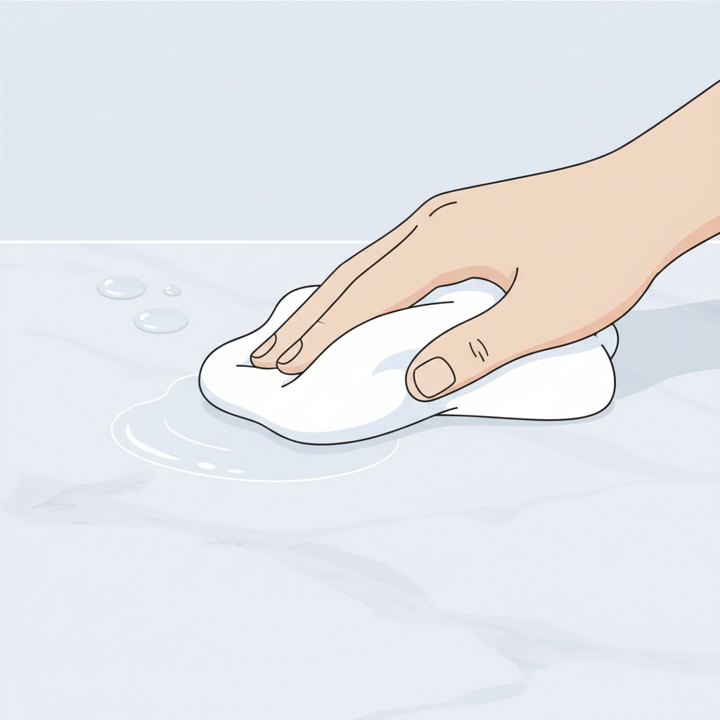 A clean, minimalist flat illustration depicting a hand in the process of gently dabbing a fresh spill on a light-colored marble surface. The spill is a small, clear liquid puddle, visually representing vinegar. A soft, white, absorbent cloth held by the hand is delicately touching the spill, not rubbing. In the background, subtly hinted, are a few drops of clean water, suggesting the next step of rinsing. The overall scene should convey urgency, gentleness, and the initial stage of damage control, with a focus on clean lines and a soft color palette.