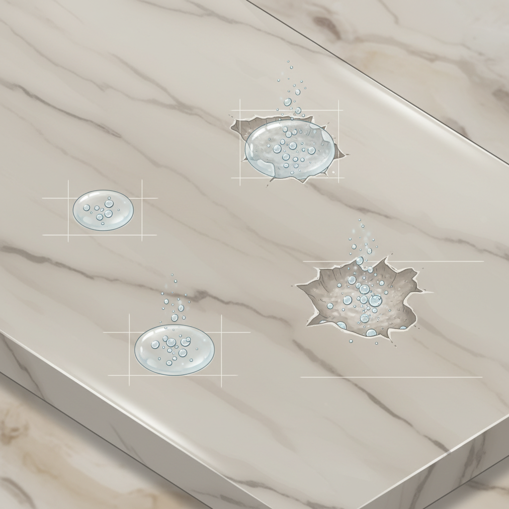 A detailed scientific illustration depicting a close-up of a smooth, polished natural stone surface, such as marble or limestone. Several drops of a clear, slightly bubbling liquid (representing vinegar/acid) are shown actively reacting with the stone. At the points of contact, the polished surface is visibly corroding, appearing dull and slightly effervescent with tiny gas bubbles escaping, symbolizing the chemical dissolution of calcium carbonate. The surrounding stone maintains its original pristine sheen, creating a clear visual contrast between damaged and undamaged areas. The color palette should be realistic for natural stone with subtle scientific diagram elements.