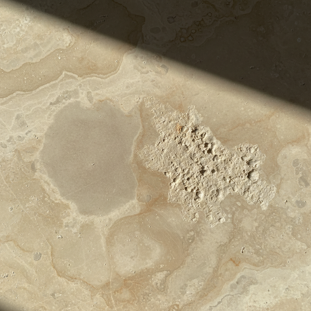A professional close-up photograph or highly realistic illustration of a light-colored, natural stone countertop or floor tile (e.g., beige marble or travertine). The image focuses on a section that clearly displays different types of acid damage from vinegar. One area should feature a distinct, irregularly shaped 'matte spot' where the stone's natural polish has completely vanished, appearing dull and lifeless. Adjacent to this, or overlapping slightly, show a more severely damaged area with a 'roughened surface', where the texture is visibly coarse and pitted, contrasting sharply with the untouched, glossy parts of the stone surrounding the damage. Natural lighting emphasizes the textural differences.