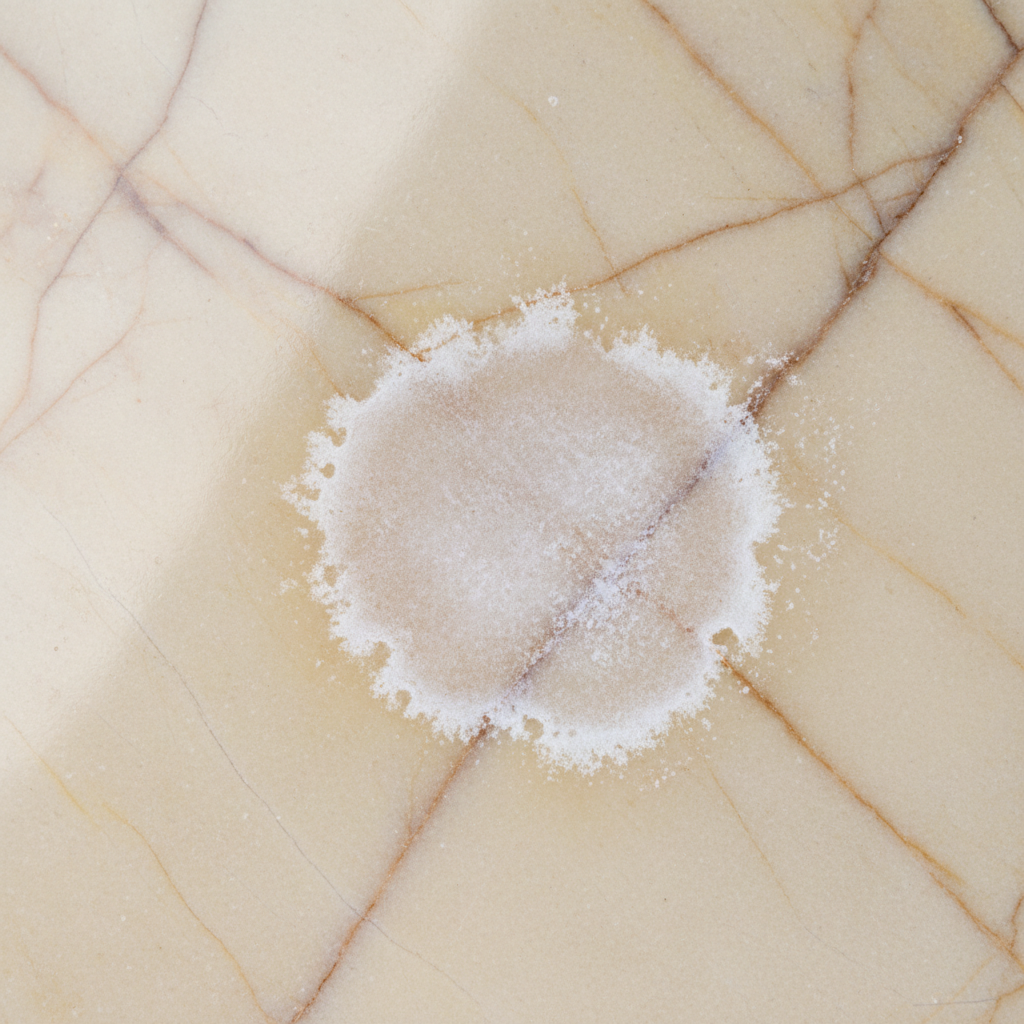 A highly detailed, close-up professional photo of a polished natural stone surface, such as marble or travertine. One section of the stone should appear pristine and reflective. Adjacent to it, a distinct, matte, and slightly lighter area represents an etched vinegar stain. Subtly depict the corrosive effect, perhaps with a slight roughening of the texture where the stain is, contrasting sharply with the smooth, glossy untouched surface. The lighting should emphasize the difference in sheen and texture between the damaged and undamaged areas.