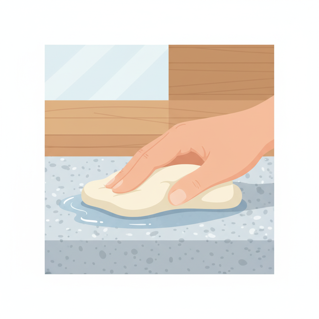 A clean and modern flat illustration showing a gentle hand in the process of dabbing a liquid spill on a smooth natural stone surface with a soft, absorbent cloth. The liquid should appear as a translucent blob, not yet fully absorbed, implying a fresh spill. The stone underneath the liquid and cloth should appear slightly damp but otherwise undamaged, conveying the immediate preventive action. The background can be a minimalist representation of a countertop or floor, maintaining focus on the hand and the action.