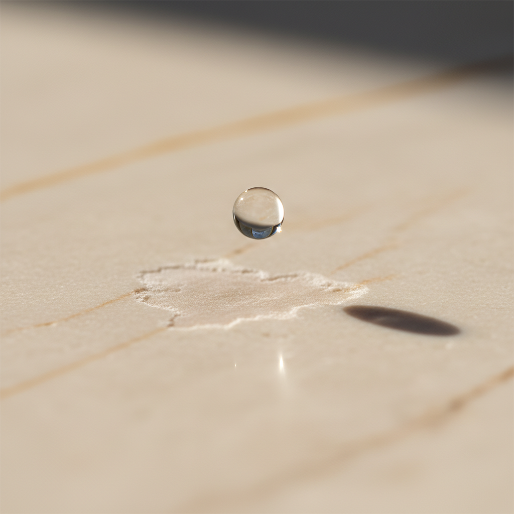 A magnified, detailed shot of a polished marble or limestone surface. A single, clear drop of liquid has just landed on the stone, and the area immediately beneath it shows a subtle, dull, and slightly lighter etch mark. The surrounding stone remains pristine and reflective, illustrating the chemical damage. The lighting should be dramatic, highlighting the texture and contrast between the etched area and the undamaged stone. Focus on the subtle visual impact of the acid. Style: Ultra-realistic macro photography or digital painting.