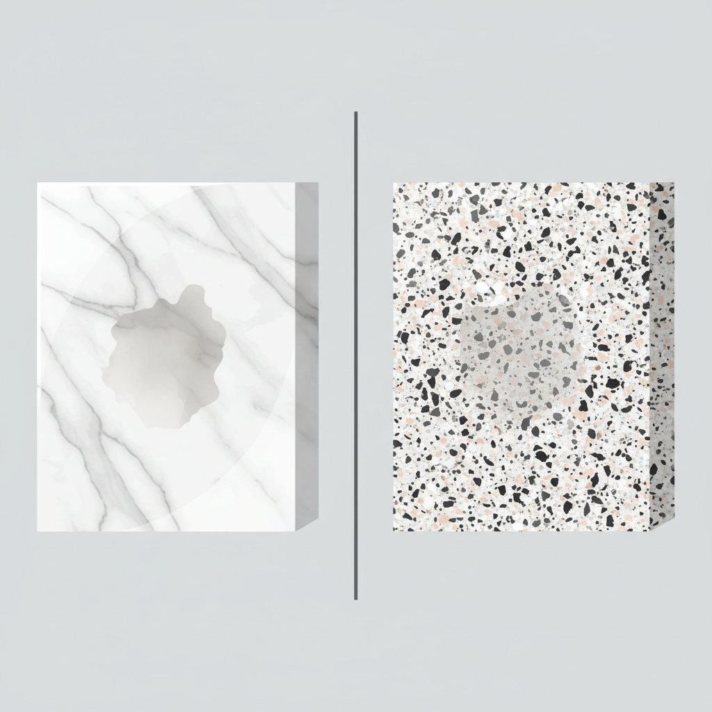 A split-screen or side-by-side flat illustration comparing two distinct stone types and their reaction to acid. On the left, a section of polished, veined marble shows a prominent, dull, and etched patch. On the right, a section of sturdy, speckled granite shows a much fainter, almost negligible mark in a similar spot. The illustration should clearly differentiate the stone types through texture and color, emphasizing the varying degrees of damage from a hypothetical acidic spill. Style: Clean, modern flat illustration with distinct but simplified textures for each stone type.