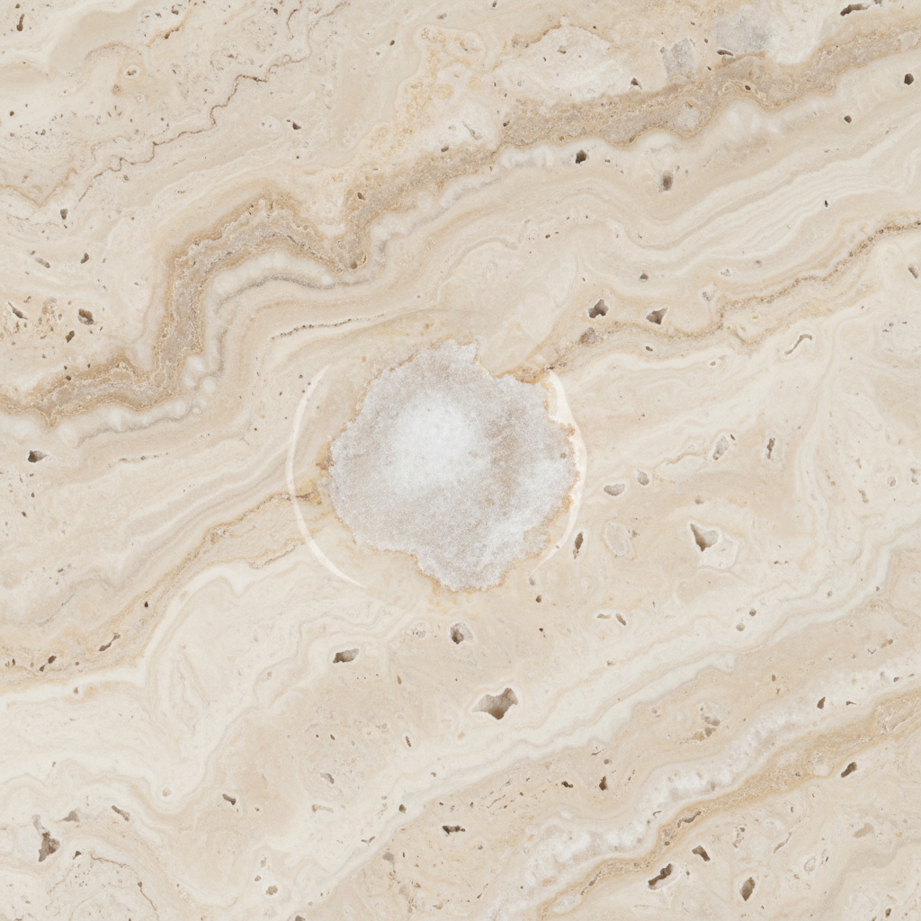 A close-up, high-definition professional photo capturing a polished natural stone surface (like marble or travertine) with a distinct, matte, and slightly lighter etched area. A subtle, transparent liquid ring is visible around the etched spot, suggesting a recent spill that has caused the damage. The untouched part of the stone should exhibit its natural sheen and texture, contrasting sharply with the dull, chemically altered surface. The focus is on the visual effect of the acid erosion on the stone.