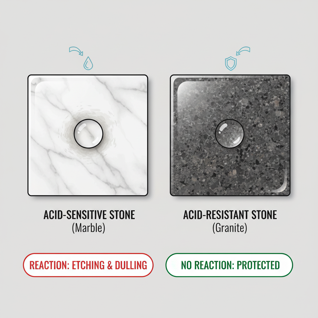 An infographic style illustration depicting two distinct stone tiles side-by-side. The first tile, representing acid-sensitive stone like marble, shows a clear reaction where a single droplet of a clear liquid has left a dull, etched mark on its polished surface. The second tile, representing acid-resistant stone like granite, shows the same clear liquid droplet simply pooling harmlessly on its surface without any visible damage or reaction. The overall composition should clearly differentiate the stone types and their varying susceptibility to acidic substances.