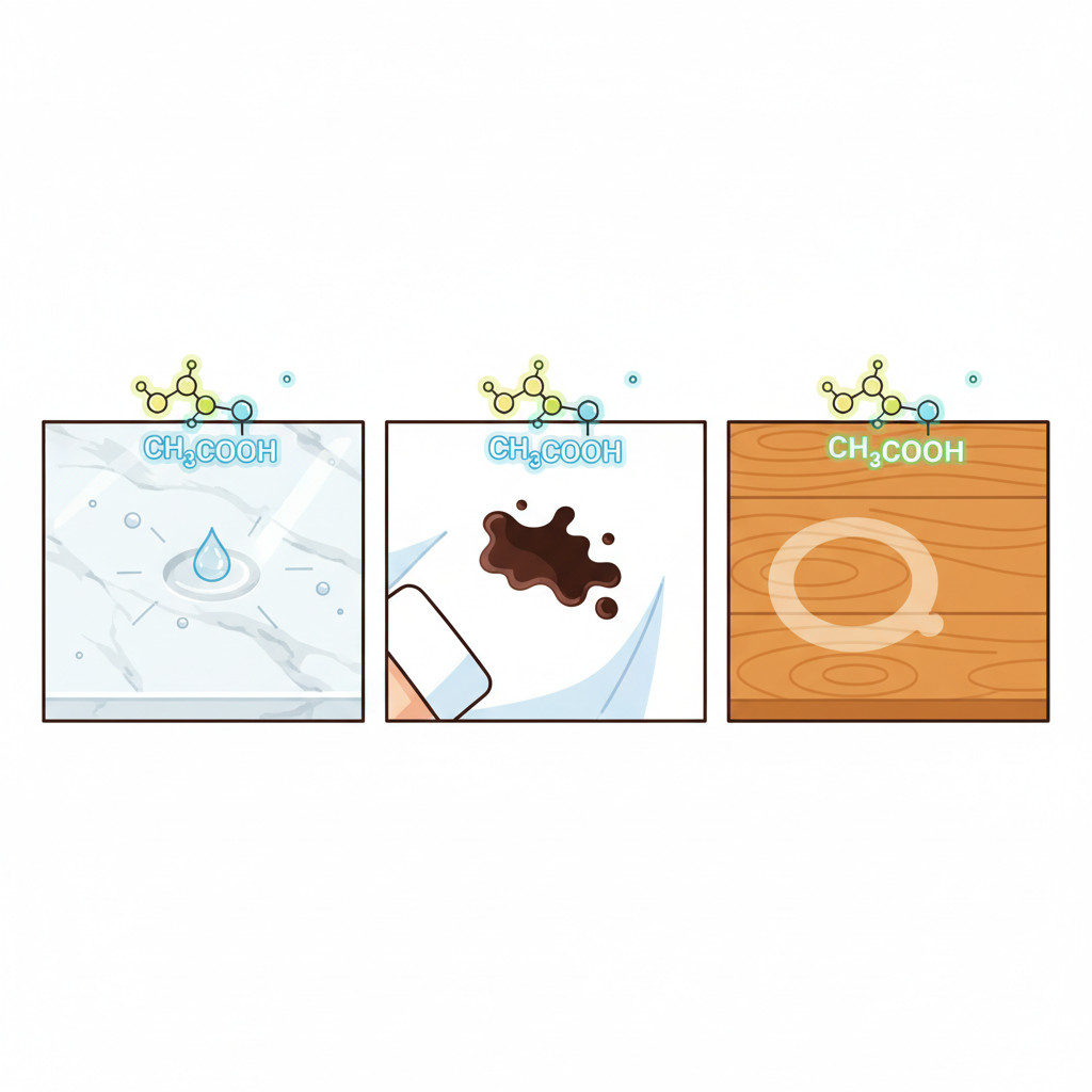 A vibrant flat illustration depicting a variety of household surfaces simultaneously affected by vinegar stains. On the left, a drop of clear vinegar creates a dull, etched mark on a glossy marble countertop, showing a slight chemical reaction. In the center, a dark balsamic vinegar stain is visibly seeping into a section of light-colored fabric, like a white cotton shirt. On the right, a subtle discoloration or ring mark is visible on a wooden table surface. Stylized, glowing molecular structures (CH₃COOH) subtly hover near each stain, hinting at the chemical nature of the problem. The overall composition should be clean and visually communicate the diverse impact of vinegar.