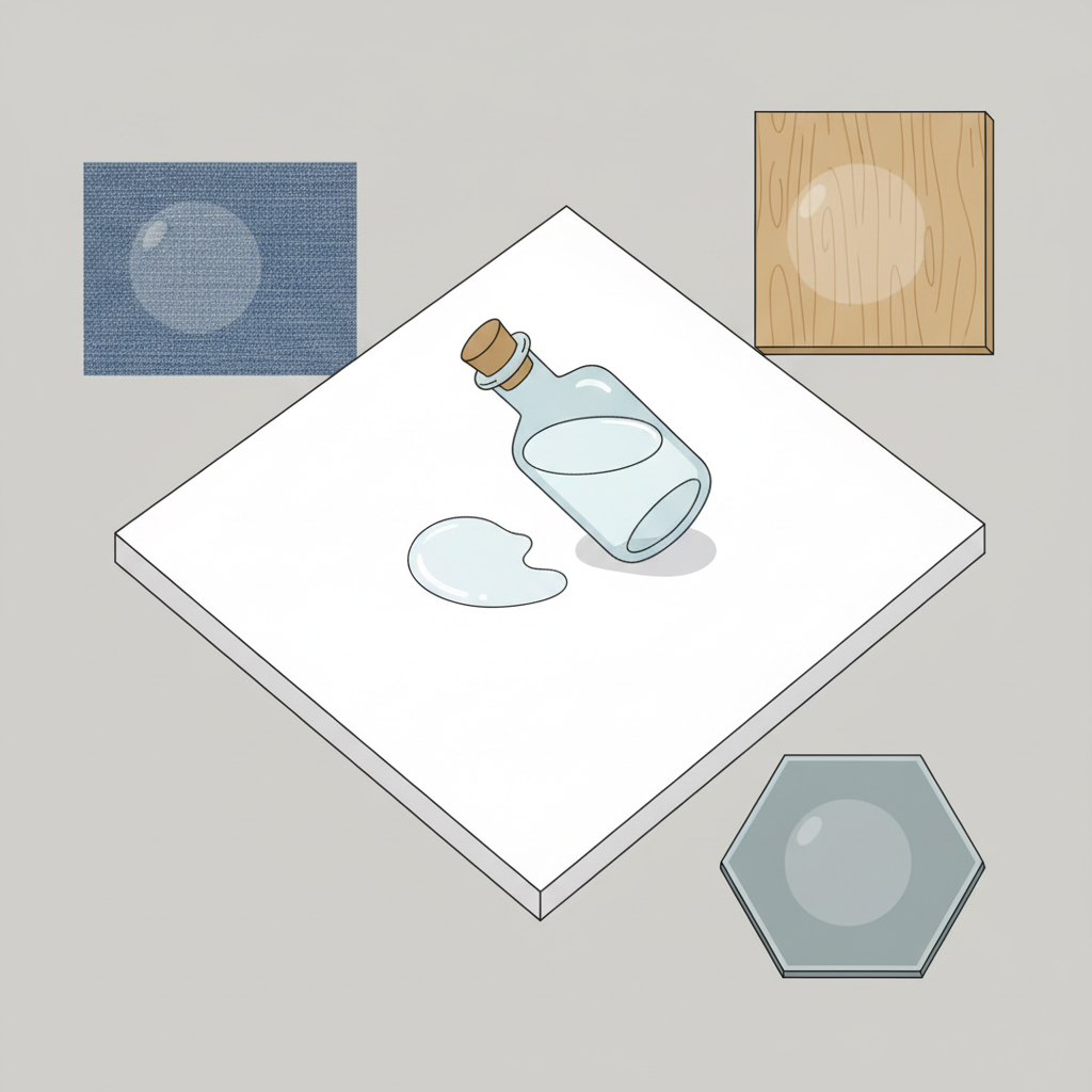 A modern, minimalist flat illustration depicting a household scenario where vinegar stains might occur. The scene shows a white kitchen countertop with a slightly tipped bottle of vinegar, from which a small puddle has formed, leaving a translucent, circular stain. Surrounding the stain are small, illustrative swatches: a textured fabric piece (perhaps denim or cotton), a polished wooden block, and a smooth ceramic tile, each subtly marked with a similar, light vinegar stain. The overall impression is clean, focusing on the problem without being messy, and indicating the diverse surfaces affected, using a palette of muted blues, grays, and natural wood tones.