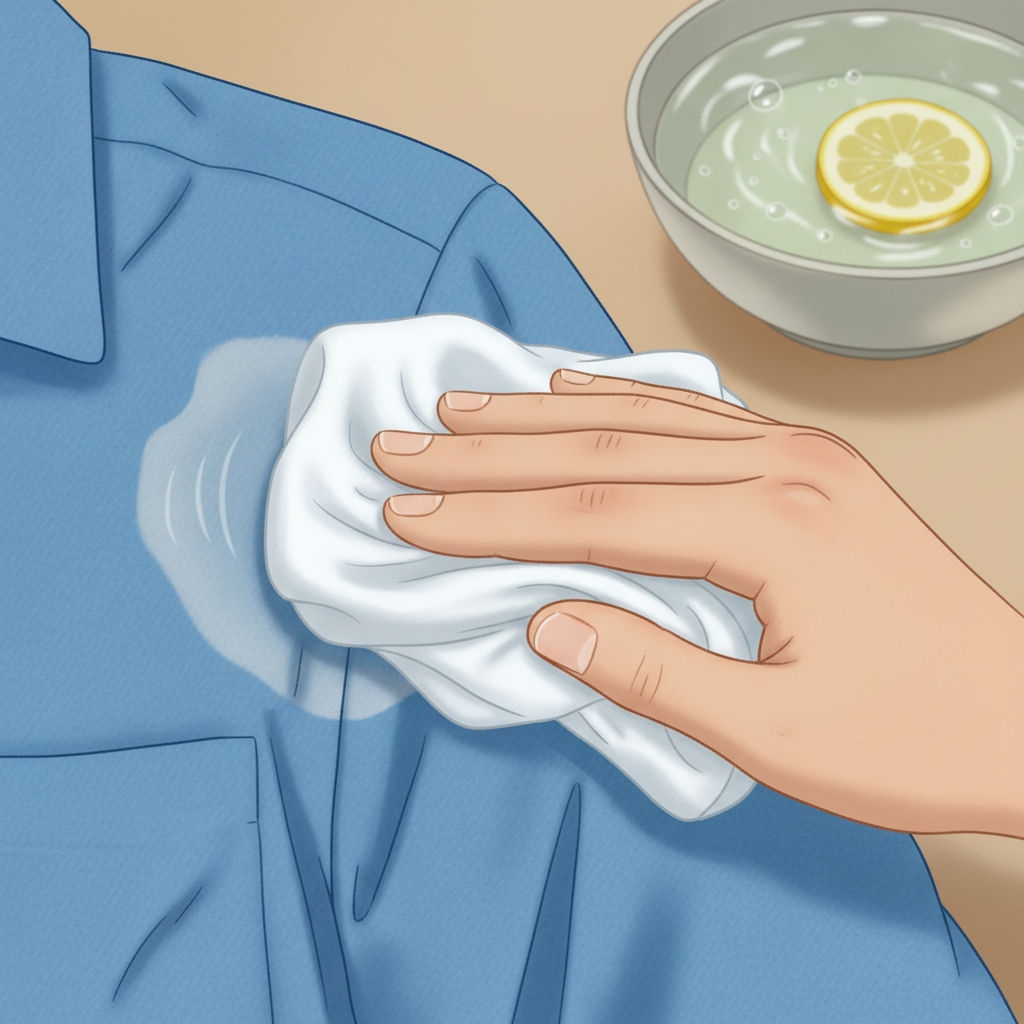 A dynamic, semi-realistic illustration focused on the process of removing a vinegar stain from fabric. The image shows a close-up of a blue cotton shirt sleeve with a distinct, light-colored vinegar stain. Next to the stain, a hand (ethnically ambiguous) gently dabs at the fabric with a soft, white cloth, which is visibly damp, implying the application of a cleaning solution. A small, out-of-focus background element suggests a bowl or container with cleaning agents. The fabric texture is rendered with detail, conveying the material's feel, and the overall style is clean and practical, suitable for demonstrating a cleaning tip.
