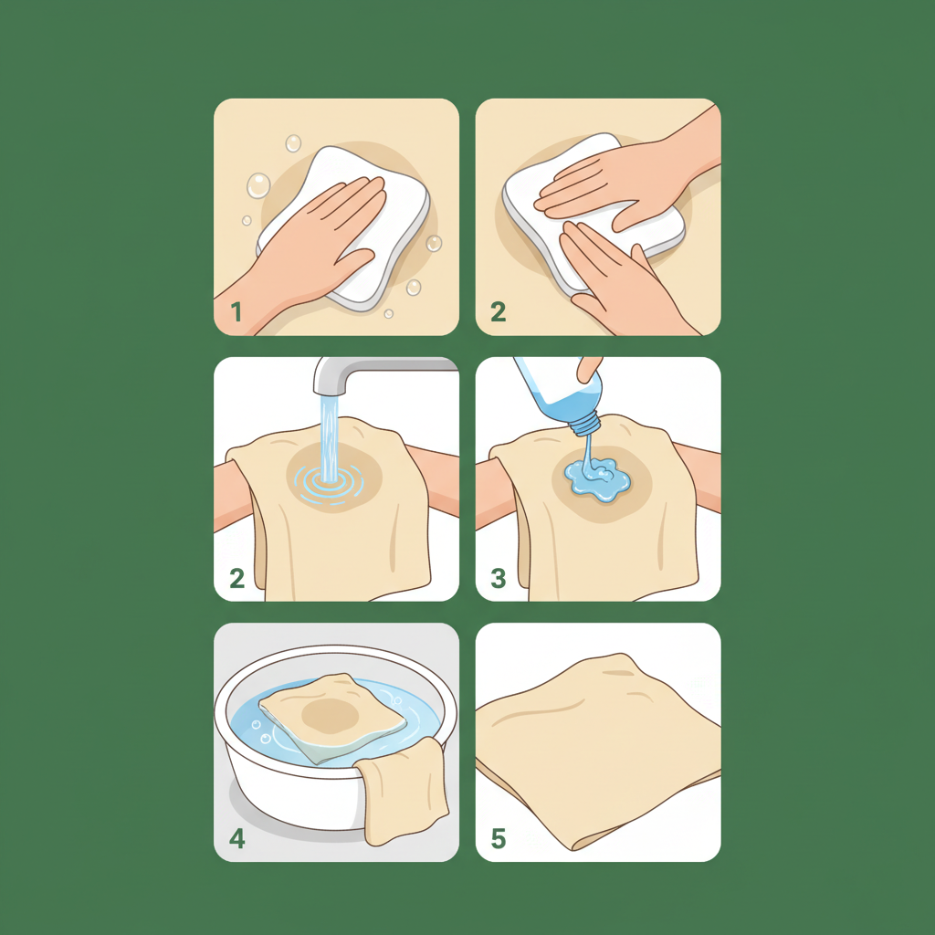A clear, sequential infographic illustration demonstrating the step-by-step process of treating a fresh vinegar stain on textiles. The first panel shows hands gently blotting a fresh, damp stain on a light-colored fabric with a dry, white cloth, emphasizing not rubbing. The second panel illustrates cold water being rinsed through the stained area from the reverse side of the fabric. The third panel depicts a small stream of liquid laundry detergent being directly applied to the treated spot. The fourth panel shows the fabric partially submerged in a basin of water for soaking. The final panel displays a clean, pristine section of the fabric, completely free of any stain.