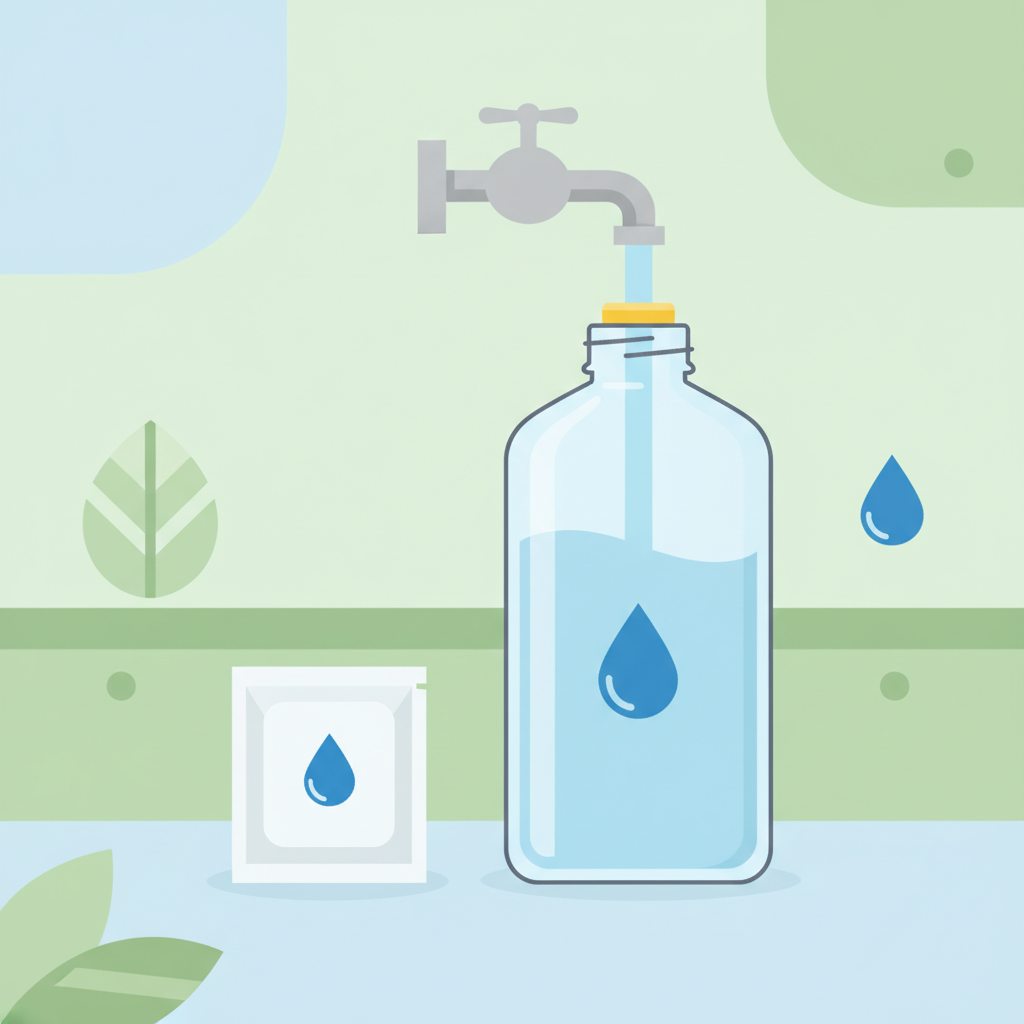 A bright, clean flat illustration showcasing the innovative concept of Everdrop dish soap. On one side, depict a small, minimalist bottle or sachet of Everdrop concentrate. Next to it, show a larger, generic bottle of conventional dish soap, emphasizing the contrast in size and presumed waste. Above the Everdrop product, illustrate a simple water tap icon or a stream of water flowing into an empty, reusable Everdrop dispenser. The background should be a subtle, harmonious blend of kitchen elements and a hint of nature, like a stylized leaf or a clean drop of water, symbolizing sustainability. The overall aesthetic should be modern, clean, and optimistic, without any harsh shadows.